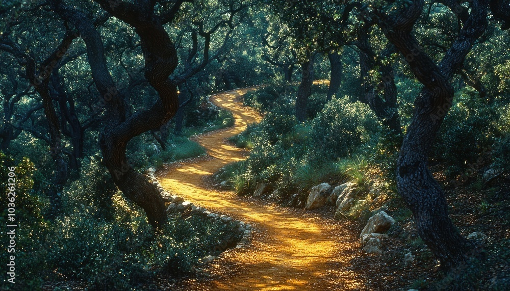 Poster a winding path through a dense forest, sunlight filtering through the canopy