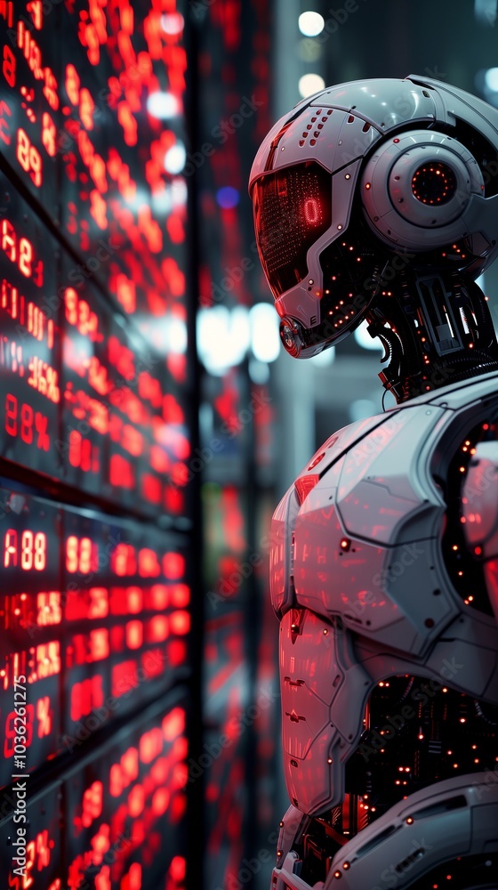 Aufkleber a robot is standing in front of the stock trading board, displaying real-time global financial data 