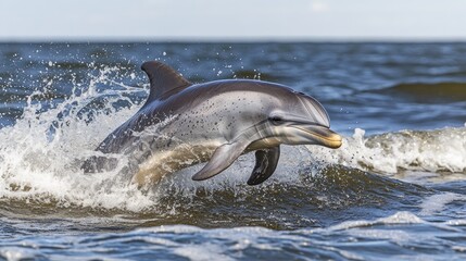 Obraz premium Dolphin Leaping Through Ocean Waves at Sunrise