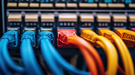 Close-up of a color optical fiber cable connected to a data cabinet