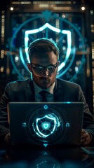 Cinematic shot of an IT professional in glasses, dressed in suit and tie working on his laptop with holographic shield icon above it with check mark inside the shield