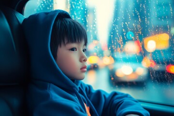Asian boy in a blue hoodie sitting in the back of a taxi, looking out the window at the busy city streets
