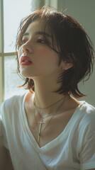 Fototapeta premium A beautiful Japanese woman with short hair