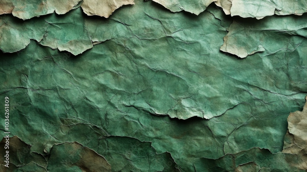 Aufkleber the background features a rich, textured design of layered green paper, with visible tears and creas
