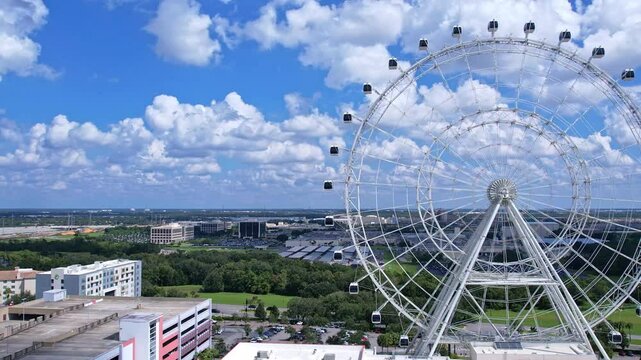 drone footage of the ferris wheel in icon park in orlando florida