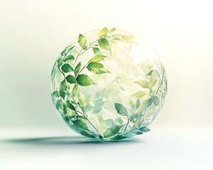 Floating ecofriendly globe icon of leaves and vines, set against a white background, with soft shadows and a gentle green luminescence
