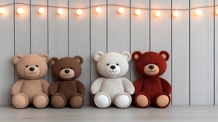 Charming collection of plush teddy bears surrounded by warm string lights in a cozy setting