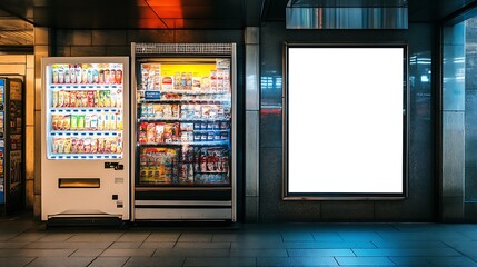 A blank white poster sign displayed next to a modern vending machine in a public area.
