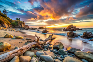 Fototapeta premium serene beach scene at sunset featuring smooth pebbles, weathered log, and rugged rocks. vibrant sky is filled with colorful clouds, creating tranquil atmosphere