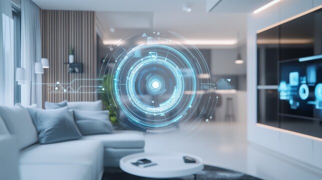 A futuristic AI-powered personal virtual assistant in a smart home, modern residential environment with interactive AI interfaces and home automation features, Home style