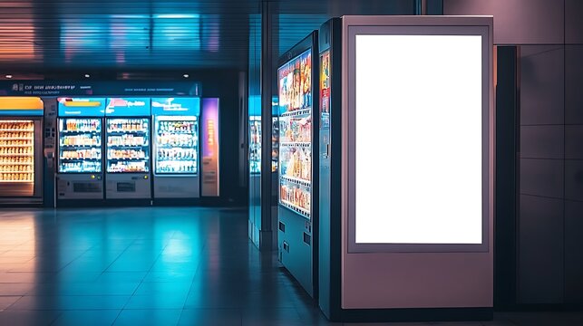 A blank white poster sign displayed next to a modern vending machine in a public area.
