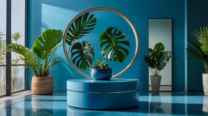 Elegant Blue-Themed Space with Botanical Product Display