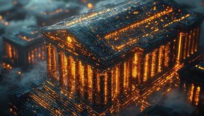 A Glowing, Futuristic Structure Resembling an Ancient Temple