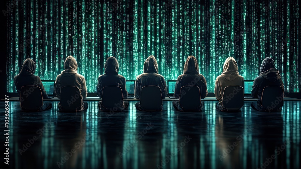 Poster Hooded Figures Working on Computers in Front of a Matrix-Like Digital Wall