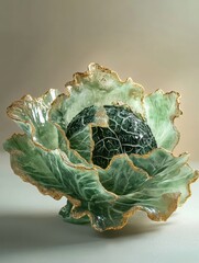 Obraz premium Jade Masterpiece: A 4K Close-Up of a Green Jade Cabbage with Gilded Elegance