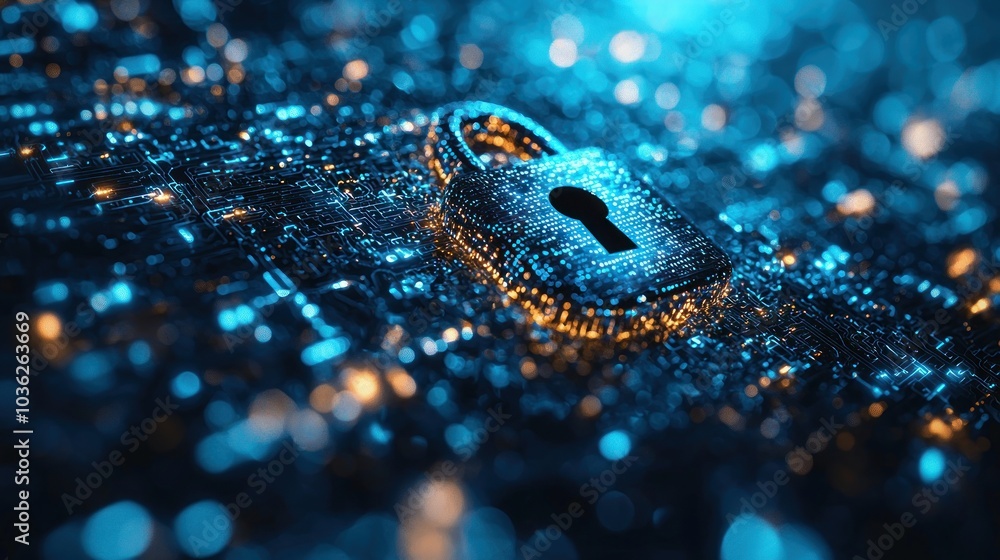 Poster Digital Security Lock on a Circuit Board with Blue and Orange Lights