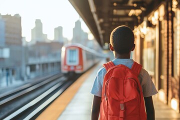 Young boy with a backpack waiting for the train on a platform
