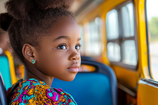 young African American girl in a colorful dress sitting in the front seat of a school bus, looking back at her friends