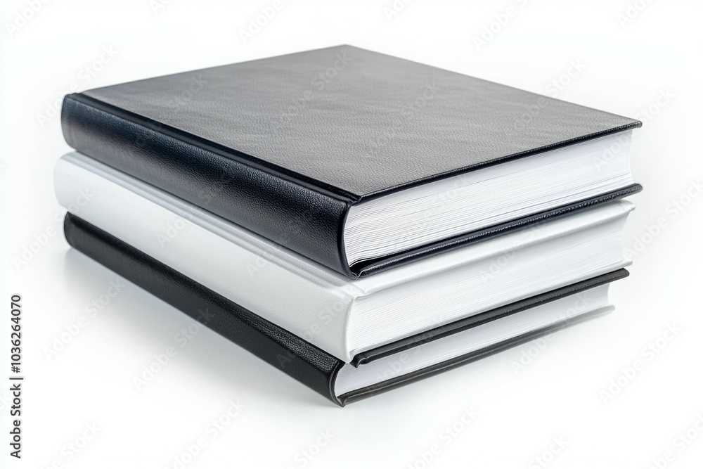 Poster stack of three hardcover books in black and white resting on a table against a plain background