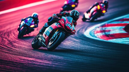 A group of motorcyclists race around a track at high speed, leaning into a turn with their bikes.