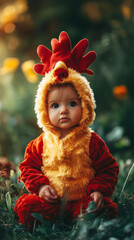 Baby in a chicken costume with a serious expression, outdoors
