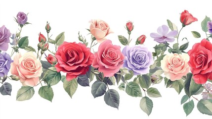Naklejka premium bouquet of roses, spring flowers. Horizontal border, red, light purple, pink flowers, buds, green leaves on a white background. rotating style 