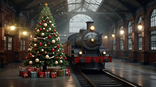 A locomotive train, snowman and Christmas tree inside the station. Seamless 4K looping timelapse video animation background