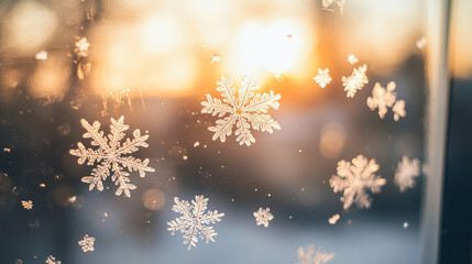 Winter Wonderland  Snowflakes on Windowpane with Golden Sunset