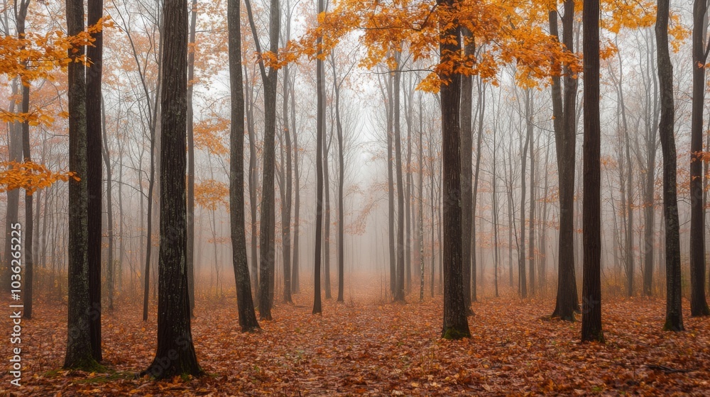 Poster a tranquil forest landscape is shrouded in soft fog during early morning. tall trees with vibrant au