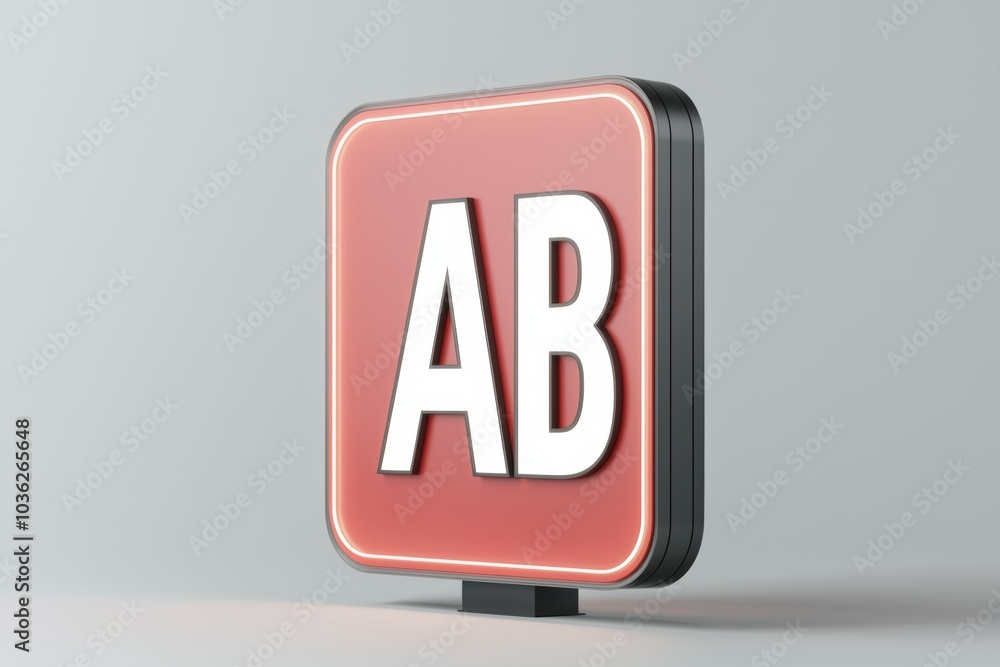 Poster bright illuminated sign displaying the letters ab against a simple gray background during the evenin