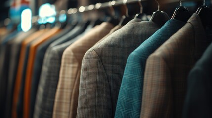 Obraz premium Men's Suits hanging on a rack in different colors in a luxury retail clothing store,