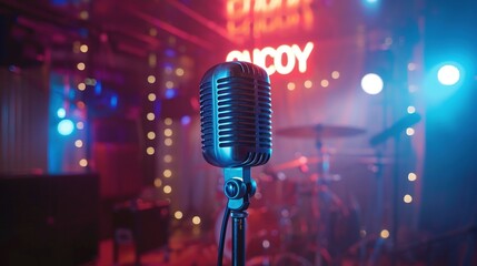 Laughter in the Limelight: Stage Microphone Beside Neon Comedy Sign