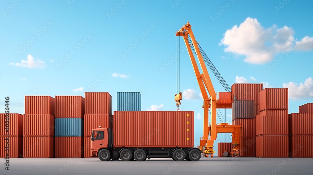 Poster efficient container transportation a crane loading cargo onto a truck in a shipping yard with stacke