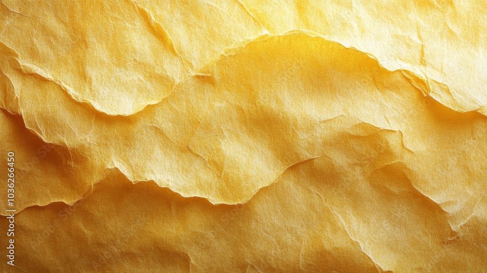 Fototapete Softly lit yellow paper is layered with a crinkled texture, showcasing dynamic folds and subtle shadows that create visual interest.