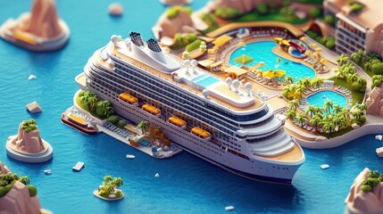 A large cruise ship docked at a tropical island resort with multiple pools and palm trees.