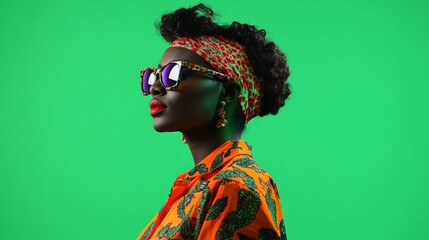 Fototapeta premium An individual dons an eclectic mix of patterns and textures emphasizing creativity on a solid green background.