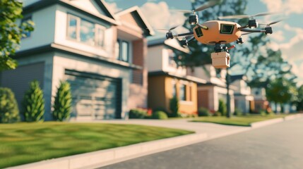 A futuristic autonomous delivery drone dropping off a package at a suburban doorstep, Suburban setting with neatly trimmed lawns and residential houses, Photo of
