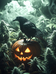 Fototapeta premium Raven on a Glowing Jack-o'-Lantern in a Mystical Cannabis Garden
