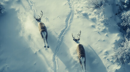 Two Reindeer Running Through Snowy Landscape Aerial View