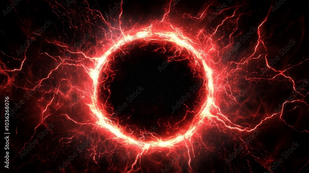 Aufkleber a dynamic red abstract circle of swirling plasma lightning, with glowing particles radiating outward