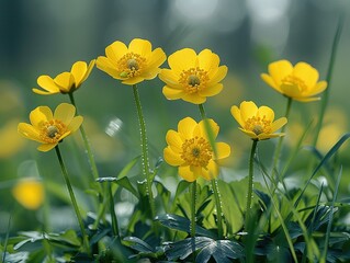 Fototapeta premium A cluster of bright yellow flowers blooming in a lush green environment.
