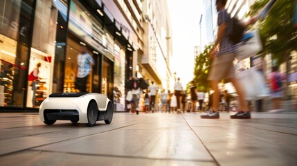 Obraz premium A futuristic autonomous delivery robot navigating a busy shopping district, with clear views of the robot鈥檚 design and the lively urban surroundings, Urban setting with high-tech delivery