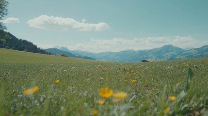 A field of green grass and yellow wildflowers in the foreground, with a mountain range in the background.