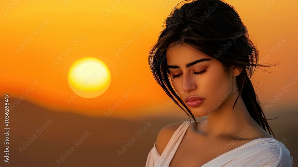 Wall mural a melancholic woman stands under the warm glow of a sunset, her expression mirroring the days fading