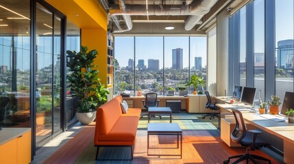 Naklejka premium A dynamic startup office with colorful workstations, modern furnishings, and floor-to-ceiling windows offering a panoramic view of the urban landscape.