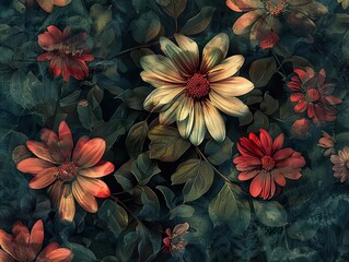 Fototapeta premium Vintage Floral Art Print: Red and Yellow Flowers in a Dark Garden