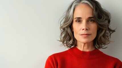 Fototapeta premium A lovely woman in her s sports a vibrant red sweater, showcasing her graceful gray hair against a clean white backdrop.