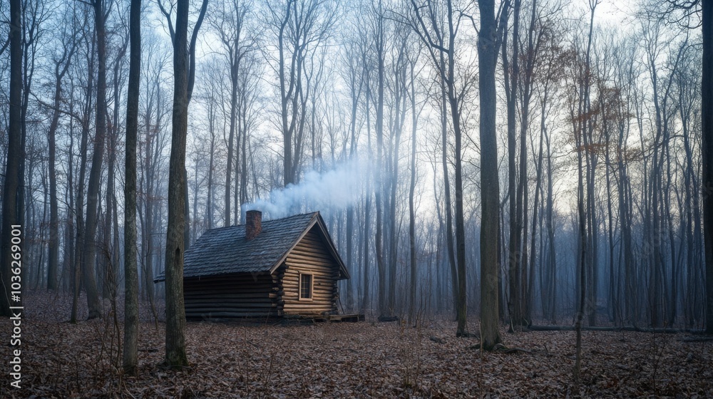Poster a charming log cabin sits alone in a serene forest, surrounded by tall, bare trees. smoke gently ris
