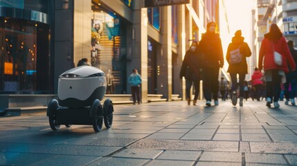 A futuristic autonomous delivery robot navigating through a busy city sidewalk, with pedestrians and urban architecture visible, Technological setting with robotic logistics