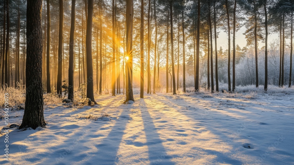 Aufkleber the sun rises over a winter landscape, casting a warm glow through tall trees. snow blankets the gro
